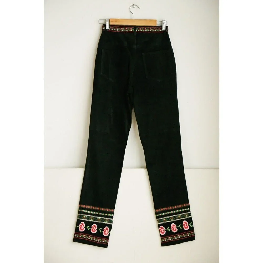 Vintage 90s Margaret Godfrey Black Suede Colourful Embroidered Straight Leg Pant